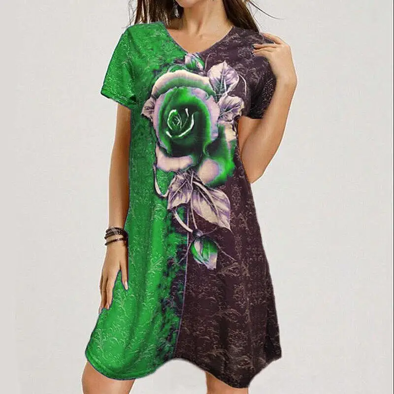 

Vintage Floral Printed Loose Mini Dress Elegant Women Summer V-Neck Short Sleeve A-Line Dresses Female Casual Dress Vestido 2021