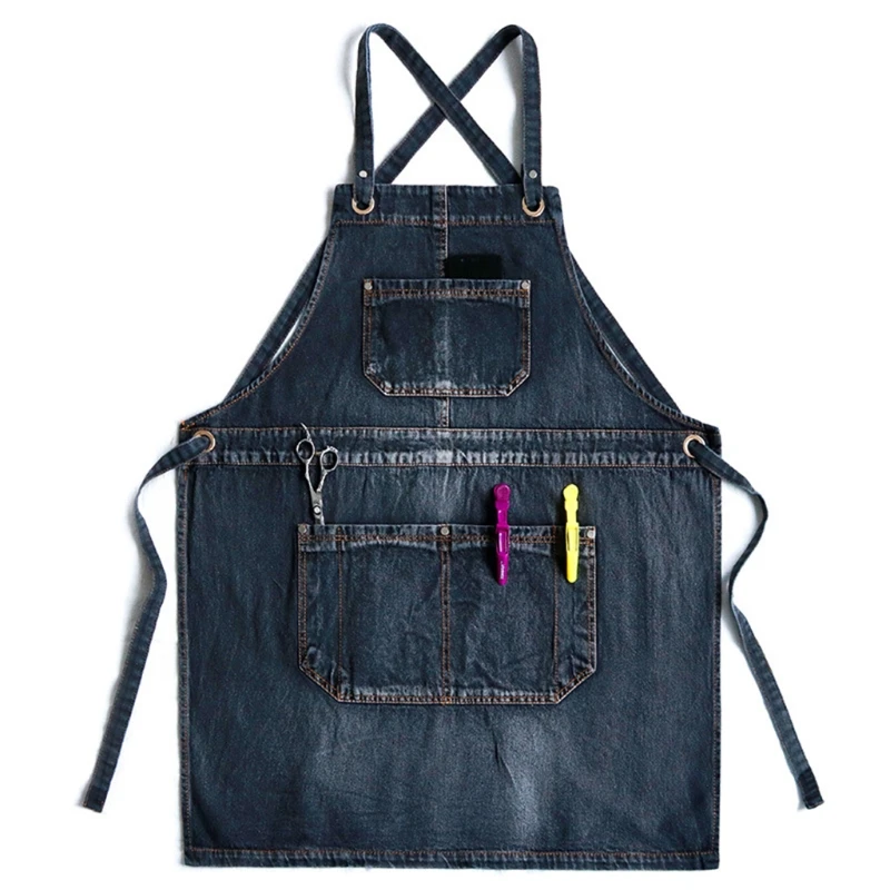 

Women Men Jean Bib Apron Cross Back Adjustable Strap Vintage Washed Denim Work Apron with Pockets for Hair Stylist BBQ