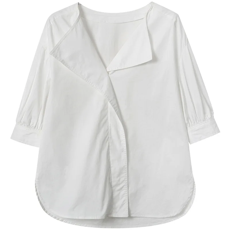 

2021 summer new style white shirt French design sense niche short-sleeved retro top women
