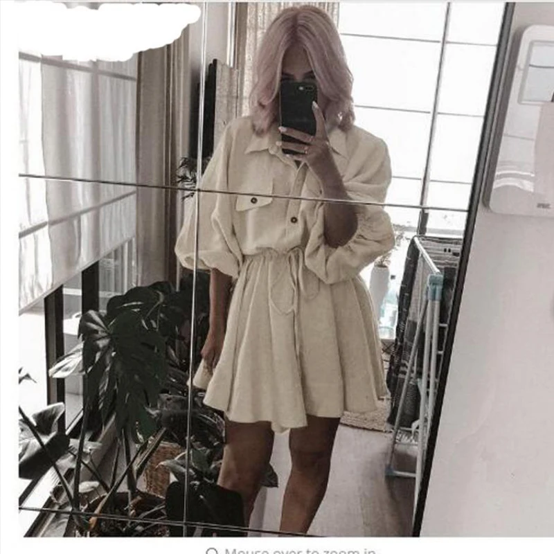 Льняное платье рубашка юбка женская с длинным рукавом Кнопка хлопковый фонарь