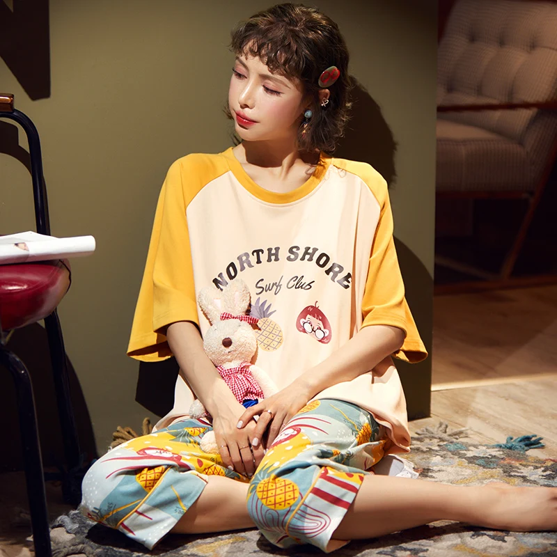 Простая Пижама женские пижамы Хлопковые пижамные комплекты с коротким рукавом