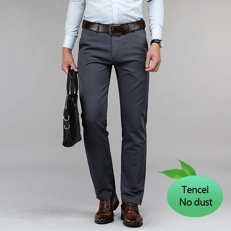 Plus Size 40 42 44 Men's Tencel Casual Pants Not Ash High Quality Fashion Business Straight Elastic Trousers Male Brand Clothes