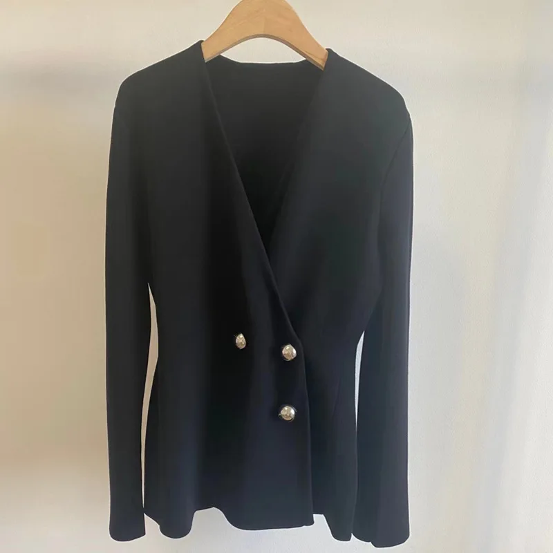 

Jils2021 early spring new women's black wool blended double breasted elastic suit knitted cardigan top