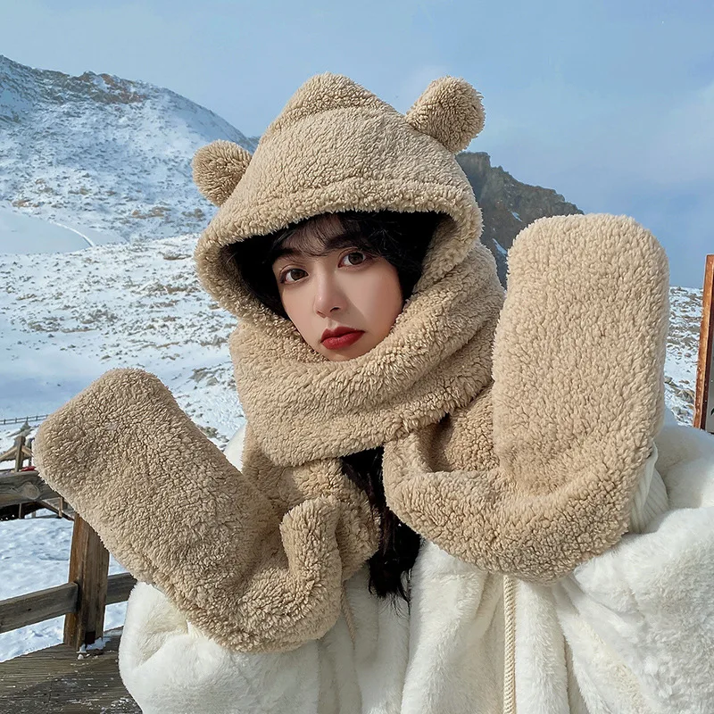 

Hot Sale Bear Hat Scarf Female‘s Winter 2021 Winter Plush Scarf One-Piece Hooded Warm Gloves Three-Piece Suit For Women