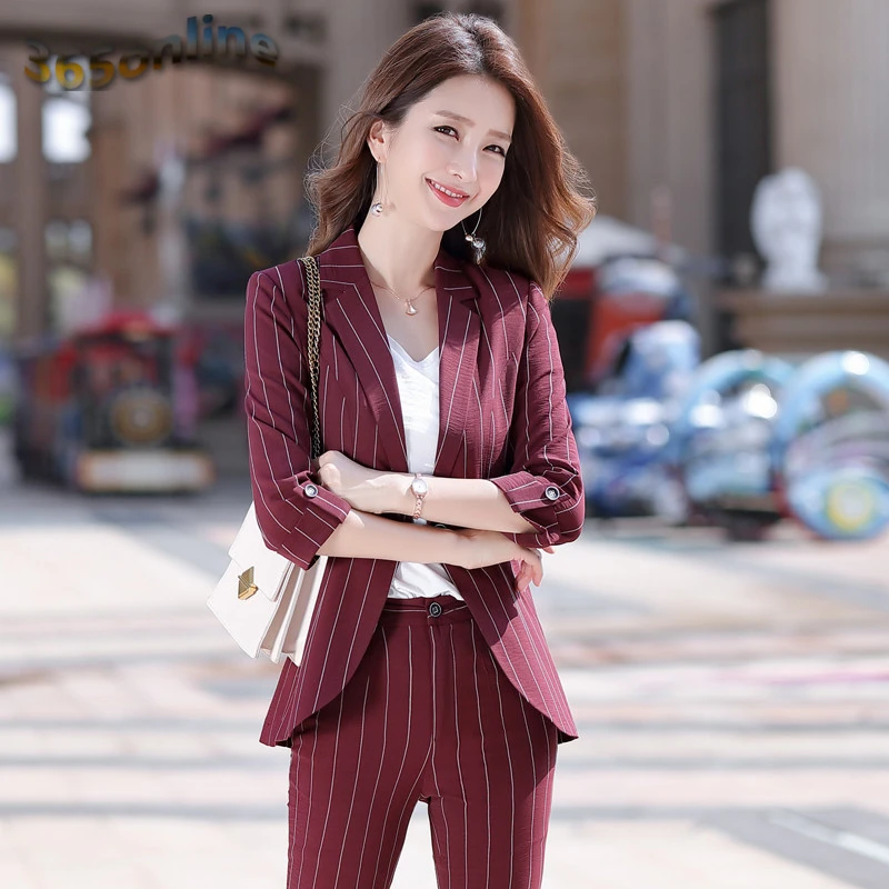 Деловые женские деловые костюмы OL с брюками и курткой элегантные полосатые
