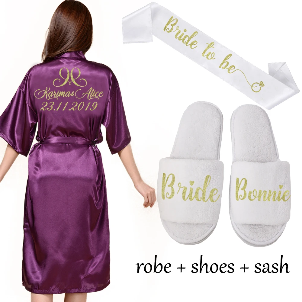 Purplerobe sash shoe Индивидуальный длинный халат, Свадебный индивидуальный халат для невесты, вечерние, имитирующий шелк, мягкий домашний банный халат для женщин, кимоно, халаты - Цвет: Purplerobe sash shoe