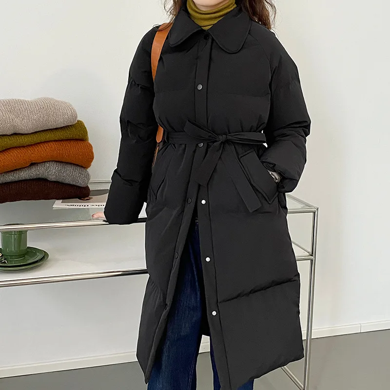 

Ailegogo New Winter Women Loose Thick Long Padded Coat with Belt Streetwear Female Warm Cotton Jacket Windproof Black Outwear