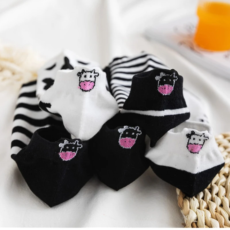 

Cotton Spring Summer Black White Stripes Lolita Casual Cow Short Socks Mesh Breathable Women Cartoon Boat Cute Low Socks Female