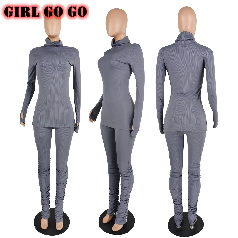 

2 piece set women outfits tracksuit turtleneck sweater knitted and stacked leggings pants joggers bodycon fall clothes clothing