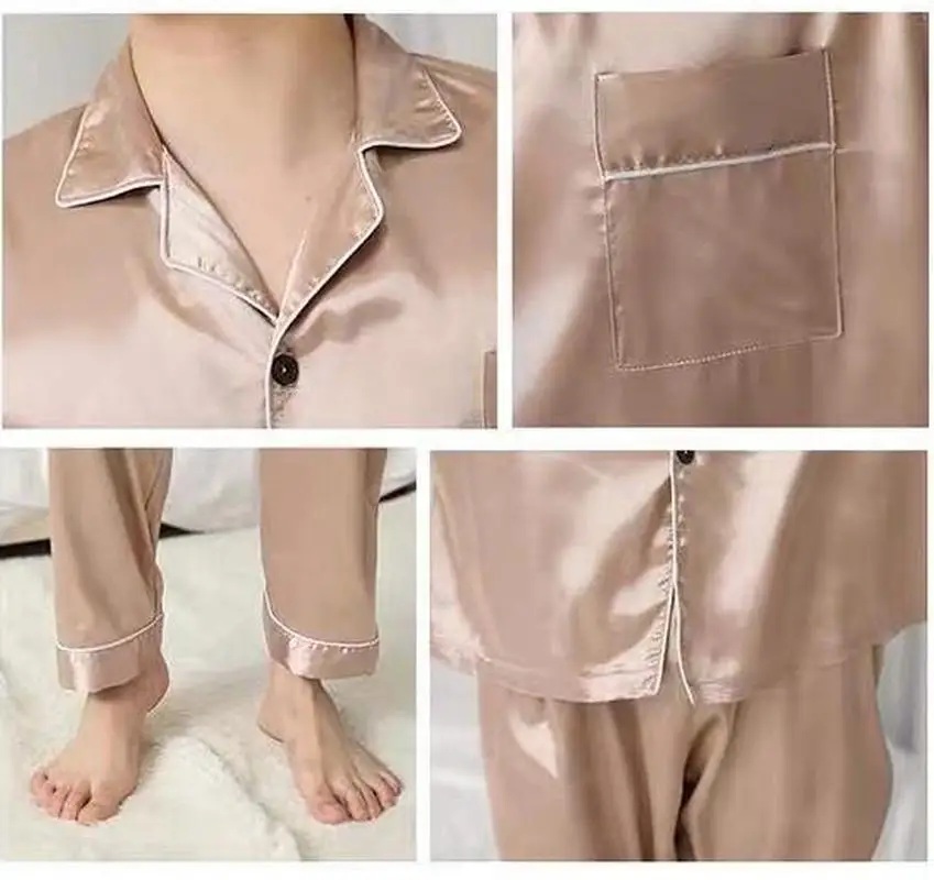 

Men Pajamas Set Solid Satin Summer Long Sleeve Autumn Homewear Silk Men Sleepwear Suit Casual Dormir Top Pyjamas Male Sleep Tops