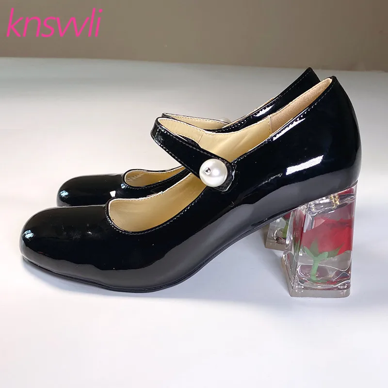 

Retro Round Toe Pearl Buckle Strap Women Shoes Clear Rose Heels Mary Jane Shoes Woman Chunky High Heel Banquet Zapatillas Mujer
