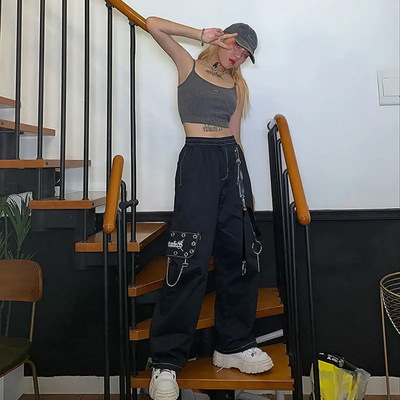 Black Cargo Pants Women Chain Wide Leg Goth Hippie Streetwear White Trousers Loose Female Baggy Fashion