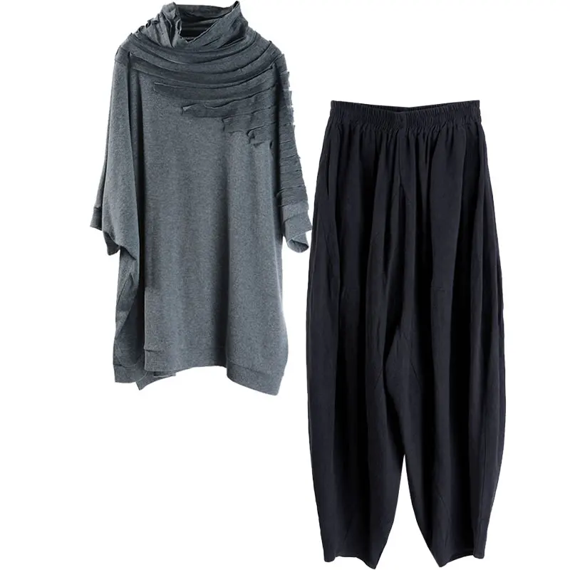 

XITAO Patchwork Pleated 2 Pieces Set Women Clothes 2021 Summer New Fashion Elastic Waist Match All Casual Harem Pants GCC4429