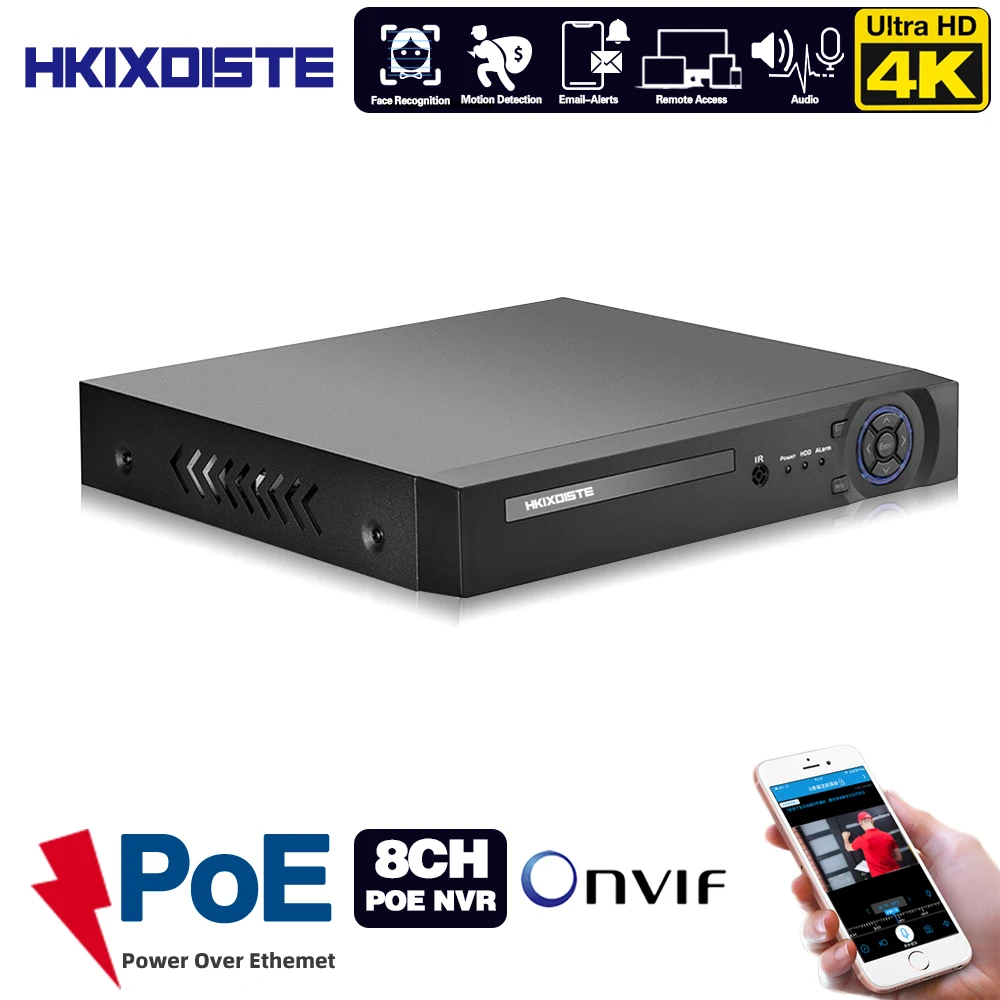 Видеорегистратор 8 Мп 4K каналов POE NVR ONVIF H.265 аудиовыход для IP камеры (720P/1080P/4 МП/5 Мп/6