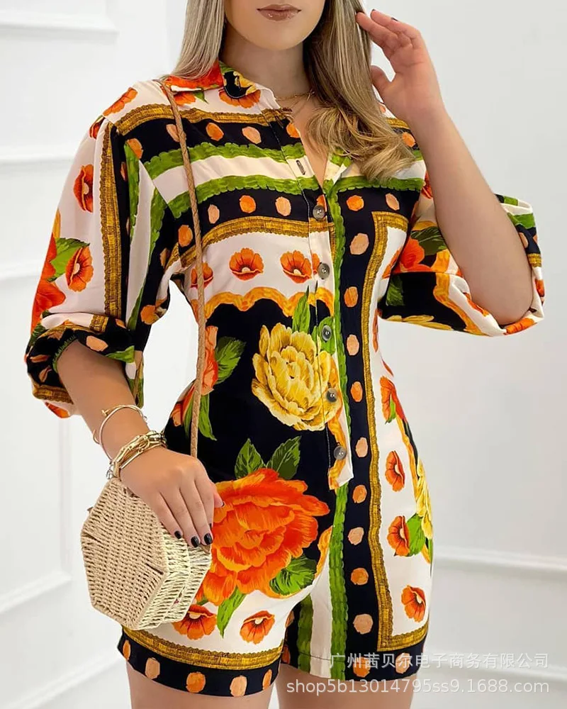 

2022 new buttoned shirt collar positioning flower jumpsuit