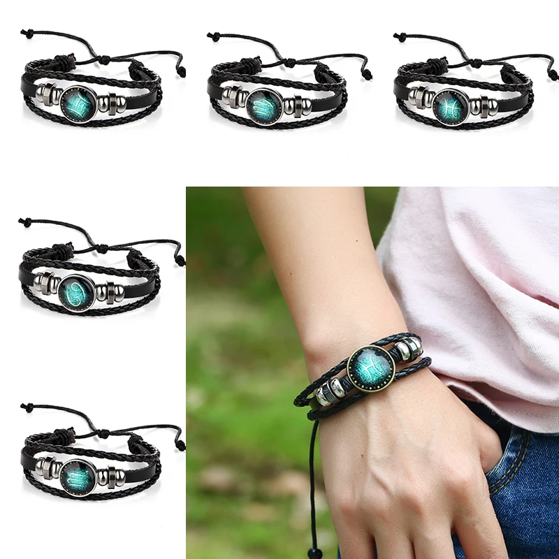 Плетеный кожаный браслет 12 знаков зодиака черный плетеный Лео Таурус близнецы