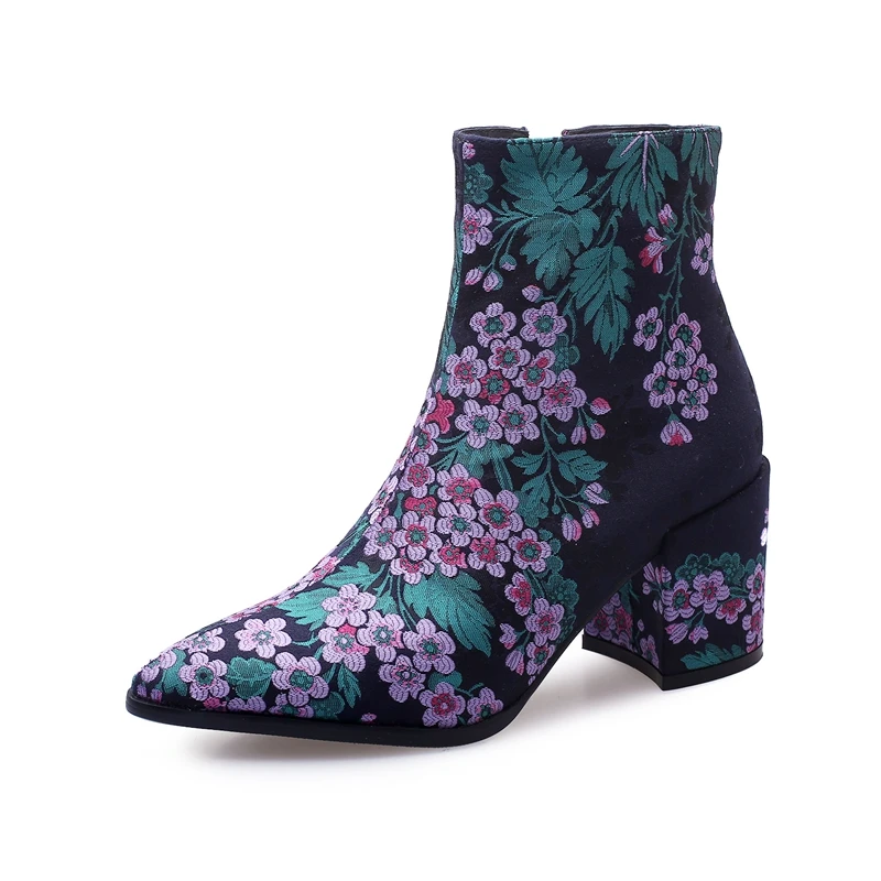 Женские ботинки с цветочной вышивкой Новинка 2019 года Модные женские ботильоны