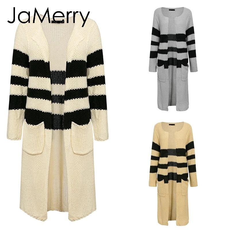 JaMerry, винтажный полосатый вязаный женский кардиган,, Осень-зима, длинный свитер, Женский Повседневный свободный бежевый кардиган с карманами