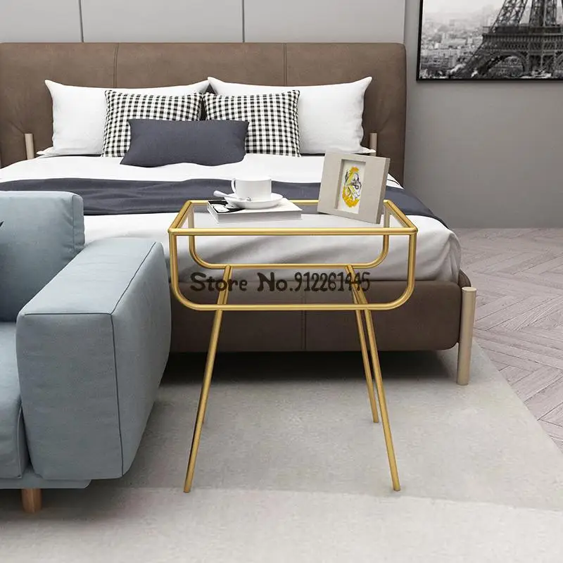 Sofa Side Table Nordic Iron Double-layer Tempered Glass Small Tea Modern Simple Living Room Cabinet Movable Tabl | Мебель