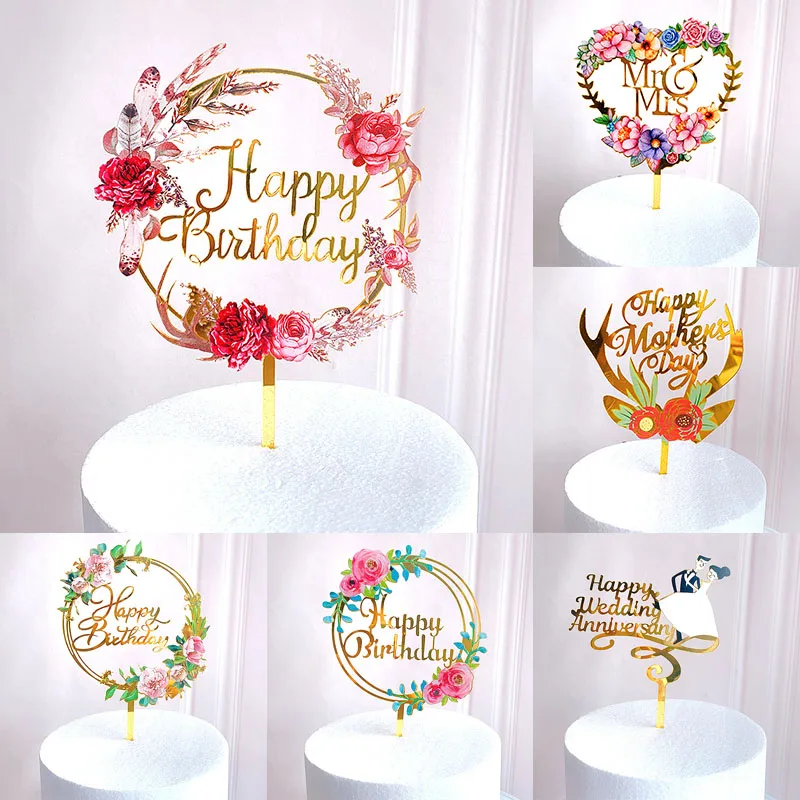 

Baking supplies New Golden Happy Birthday Acrylic Baby shower Colored Cake Topper Happy Mother's Day flowers flowers Cupcake
