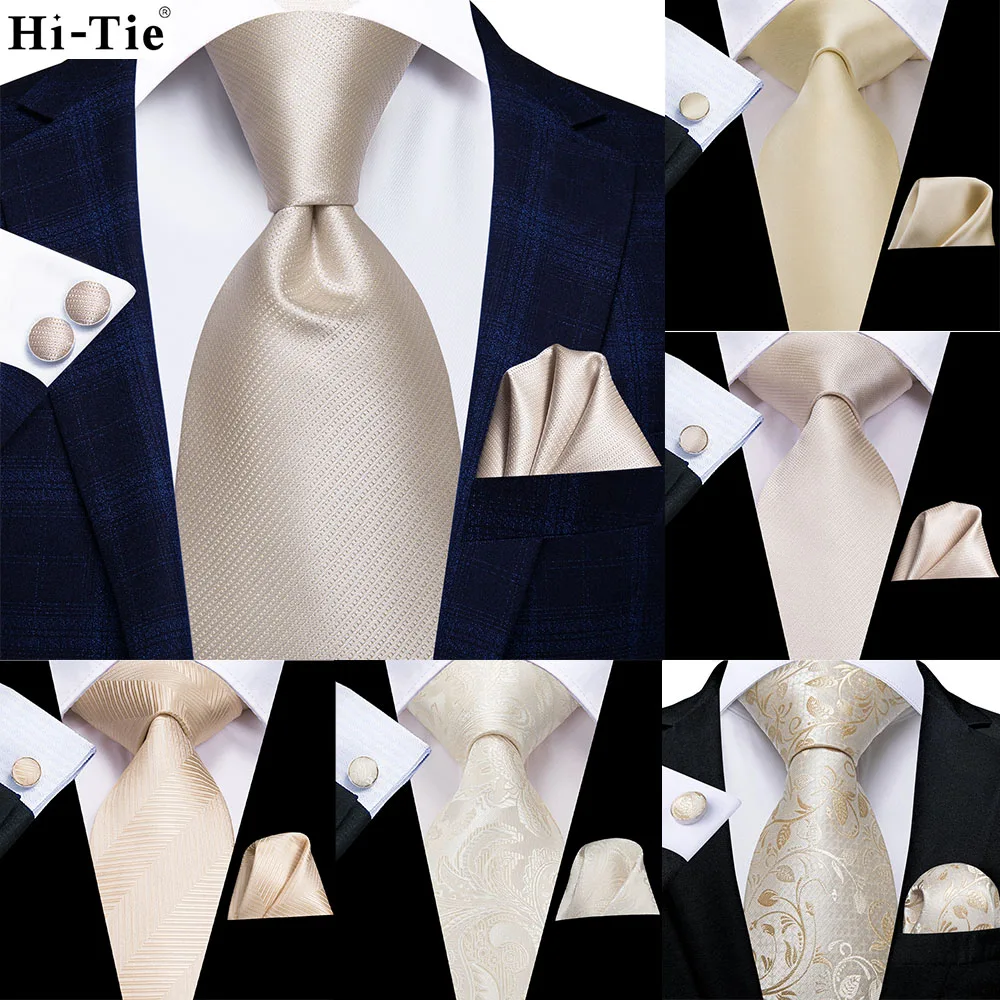 

Hi-Tie цвета шампанского, цвета слоновой кости, Цветочный, однотонный, дизайнерский Шелковый Свадебный галстук для мужчин, качественный носов...