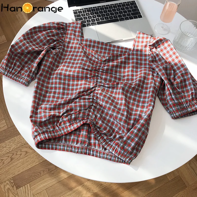 

High Waist Gingham Plaid Short Sleeve Blouse Women's Summer French Square Collar Clavicle Short Puff Sleeve Tops Vintage