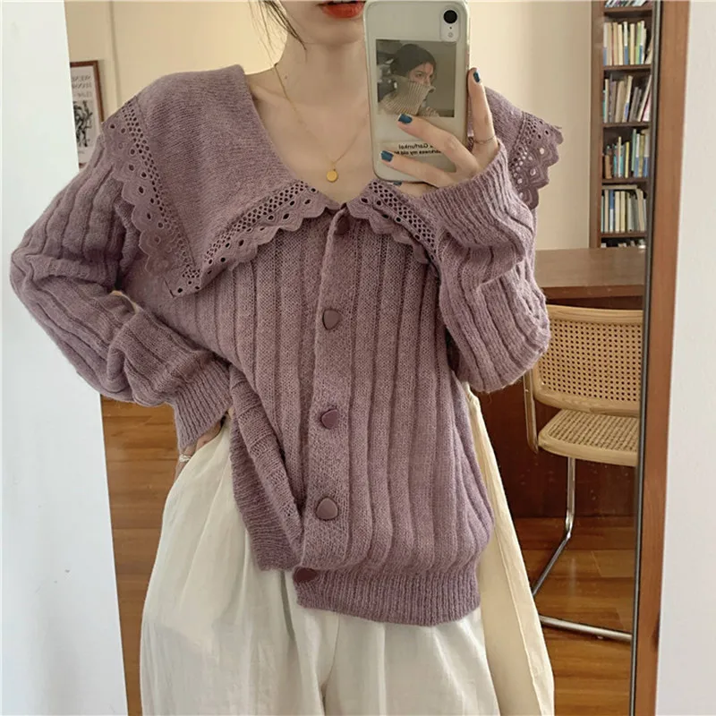 

2021 autumn new Korean version of wild students loose and thin doll collar long-sleeved sweater knitted cardigan jacket women