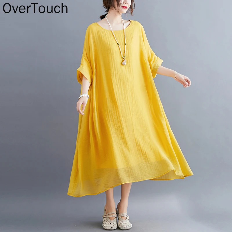 

2021 Plus Size Summer Dress Women Sundress Solid Yellow Linen Patchwork Bat Loose Vintage Casual Female New Dresses 5XL