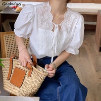 blouses women summer puff sleeve lace hollow out sweet bandage retro all match loose leisure simple solid white tops streetwear