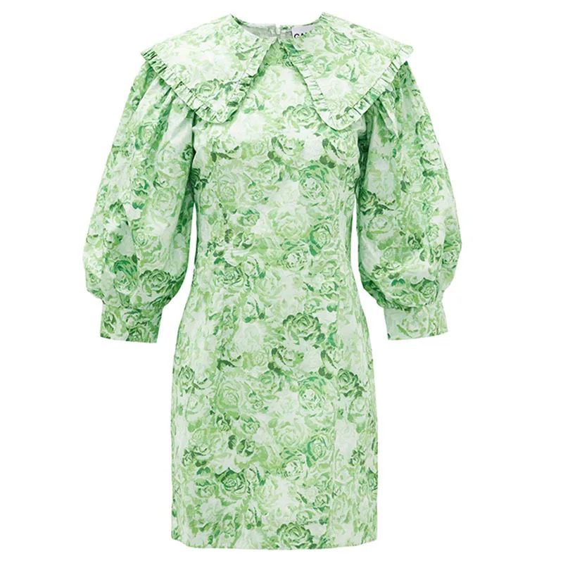 

DEAT Women Green Printing A-line Office Lady Dress New Turn-down Collar Half Sleeve Loose Fit Fashion Tide Summer 2021 7E0191