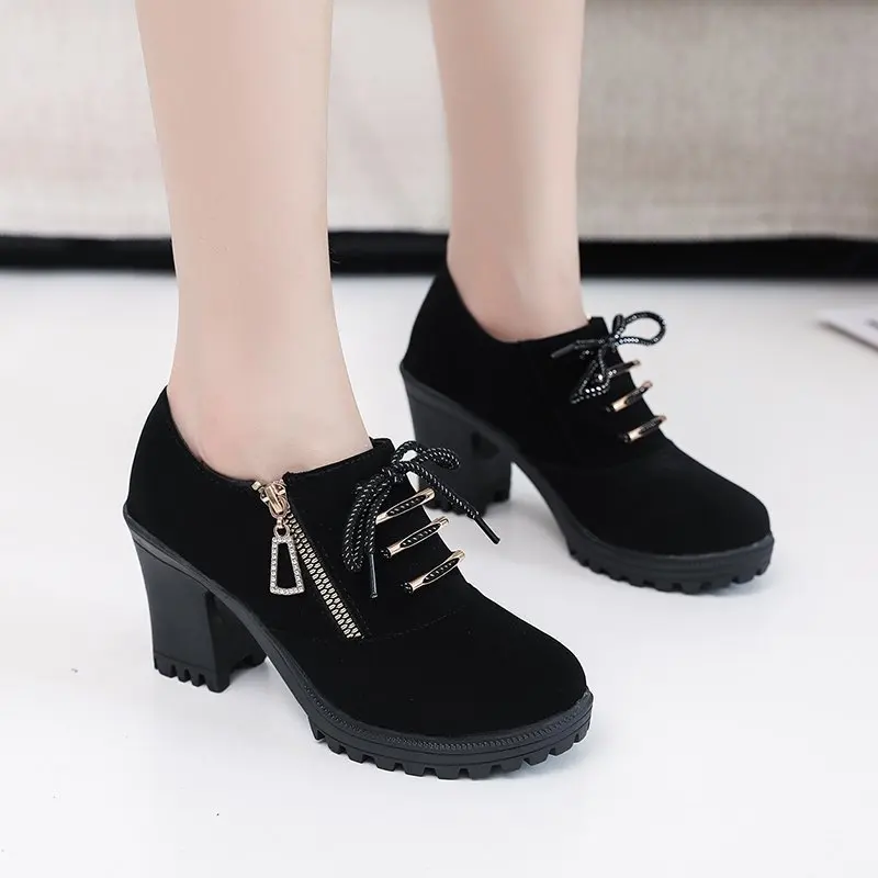 

2021 New Autumn Winter Women Boots High Quality Solid Lace-up European Ladies Shoes PU Fashion High Heels Boots