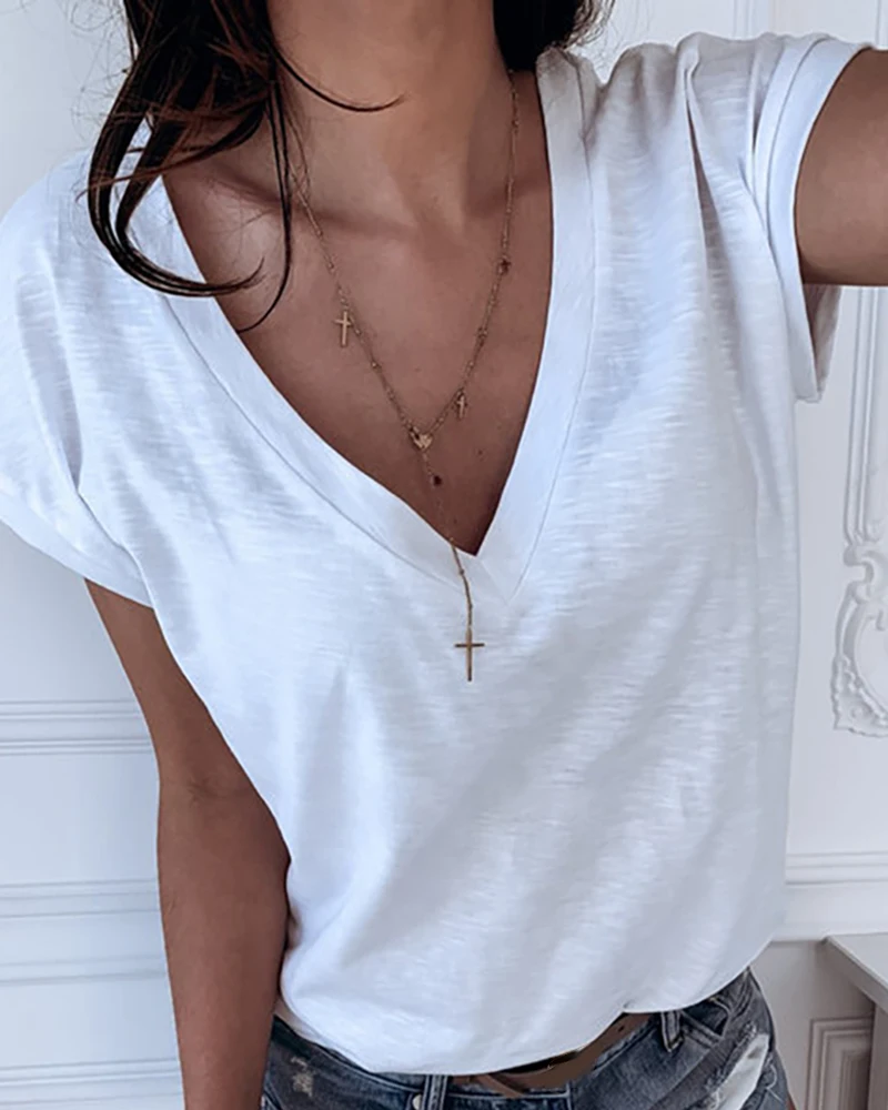 

Women Summer Elegant Casual Solid V-neck Short Sleeve T-shirt