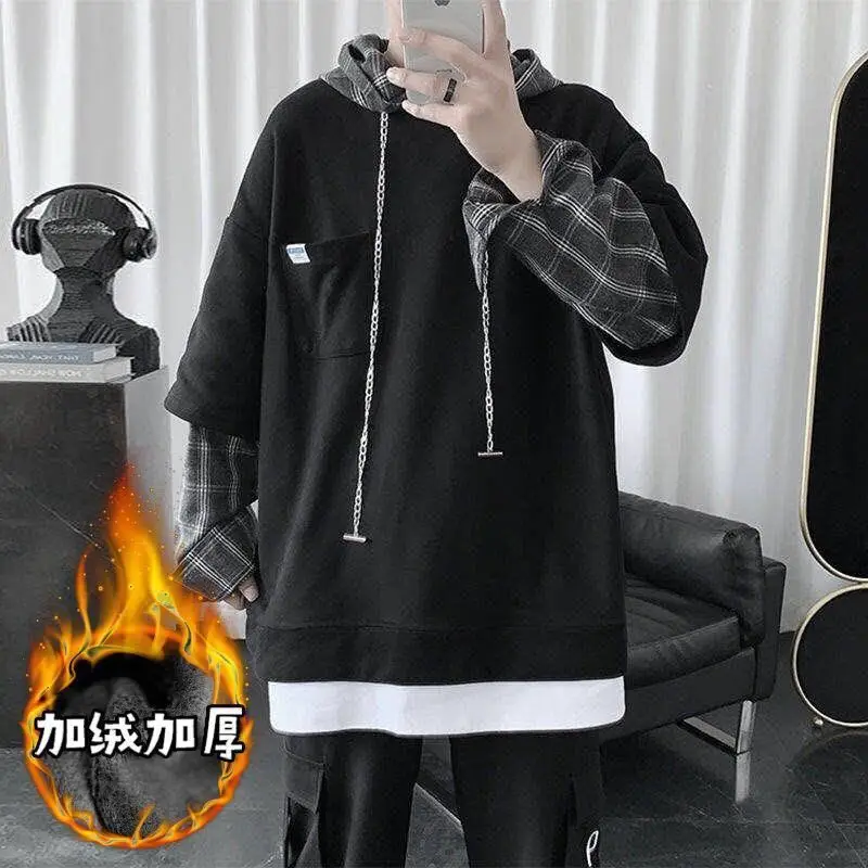 

Fake two-piece plus fleece hoodie men's loose Harajuku youth all-match oversized sweatshirt 2021 new top hoodie women pullover