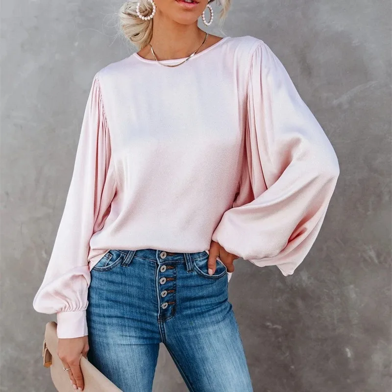 Женские Модные топы с круглым вырезом и рукавами фонариками Атласный Женский