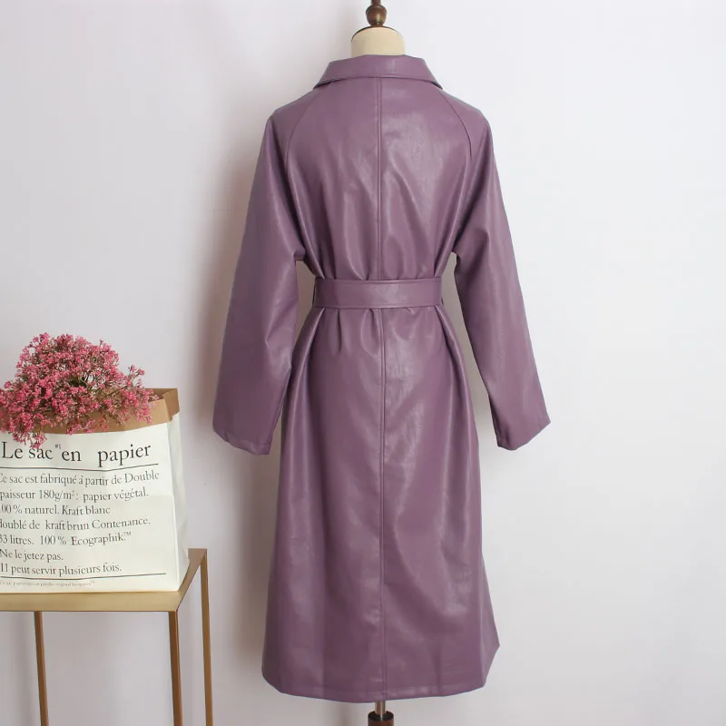Женский однобортный Тренч из искусственной кожи Длинная ветровка фиолетового