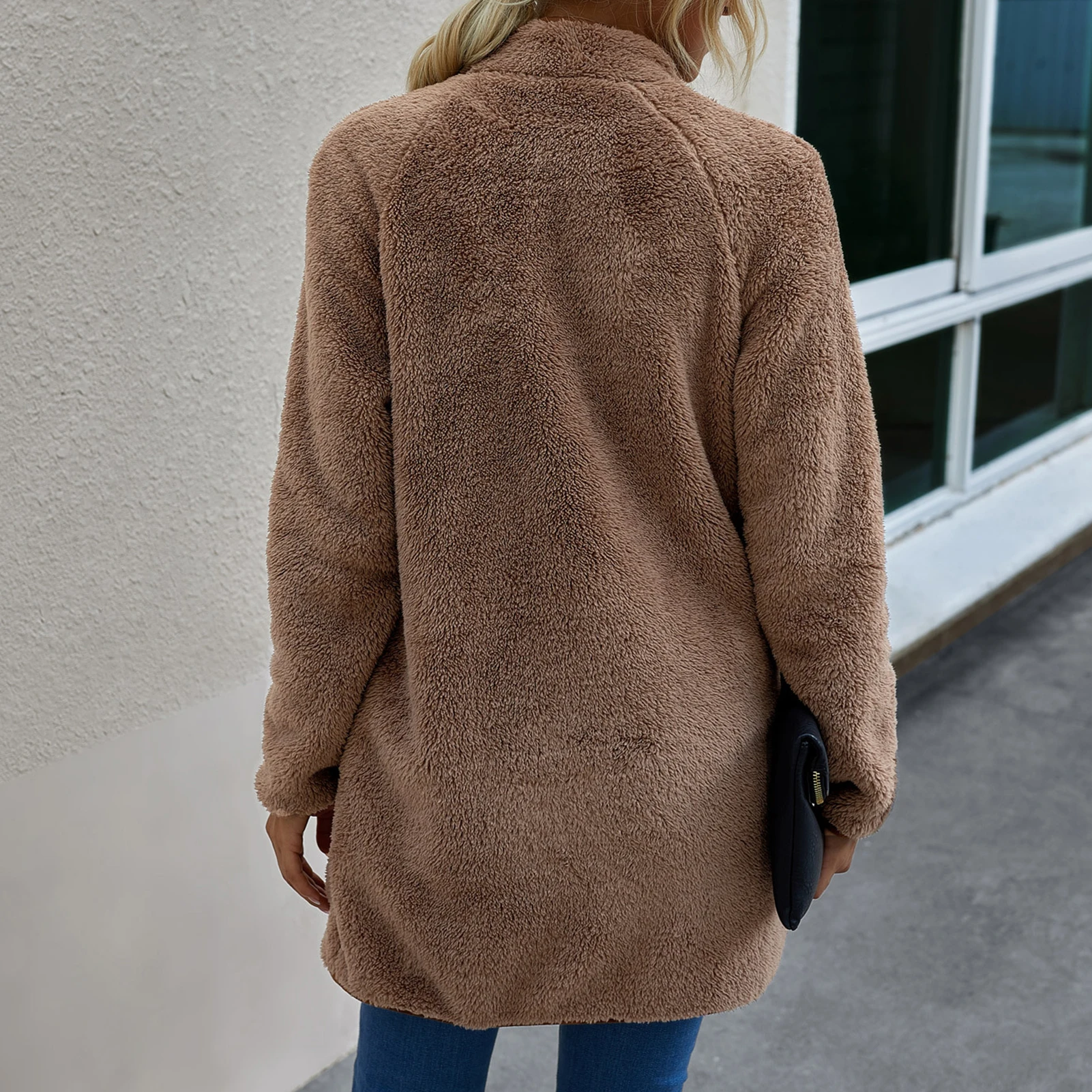 

Women Long Sleeve Pocket Zip Coat Fuzzy Warm Winter Mid-length Jacket Outerwear
