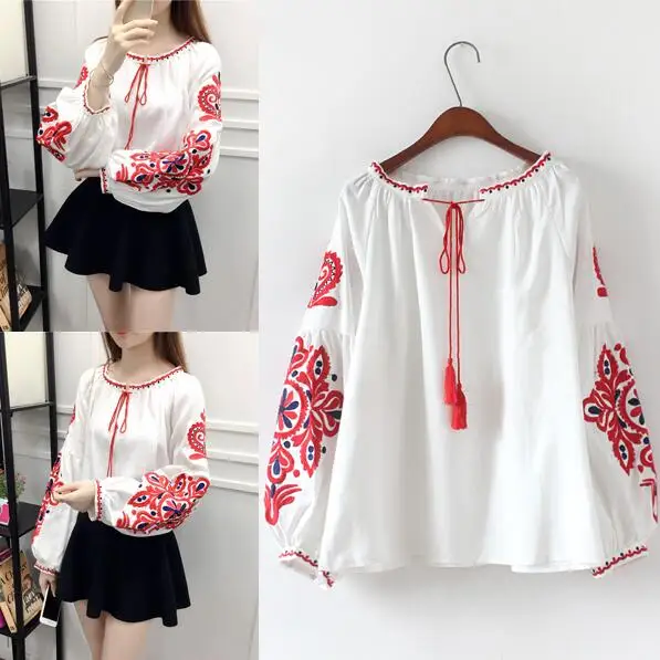 Хлопок Лен Boho вышитые блузки летние с длинным рукавом Женские Белый Синий Черный