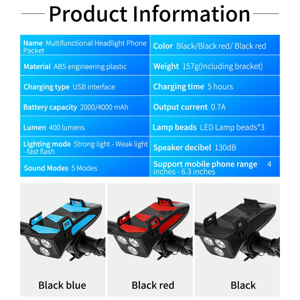 

Bicycle Light Flashlight Bike Horn Handlebar Phone Holder Cycling including mobile power 2000 mAh for Smart Phone