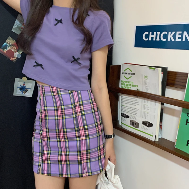 

Short Sleeve Summer Purple Slim Crop T Shirt Women Bow Patchwork Design Tees E-Girl Aesthetic 2021 Rok Sweet Club Y2K Tide Tops