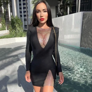 Winter New 2021 Fashion Women Mini Dress Hollow Long Sleeve Mesh V Neck Sexy Slim Streetwear Elegant Dress Party Club Outfits