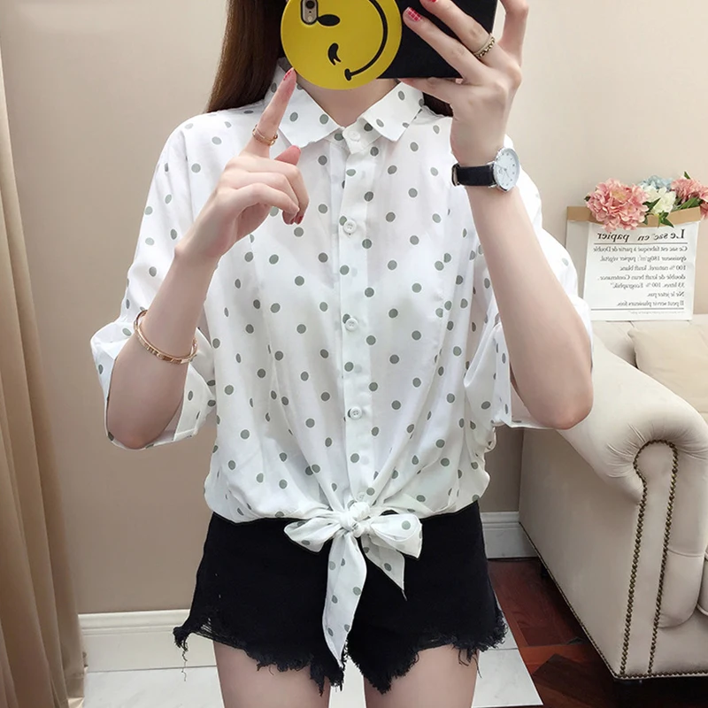 

Women's Summer 2021 New Shirt Polka Dot Shirts Female Niche Chiffon Cotton White Top Five-point Sleeve Western Style Shirt