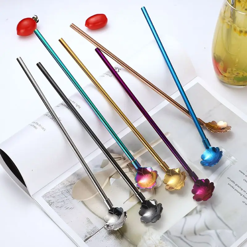 

7pcs Stainless Steel Long Straw Spoon Stirring Scoop Reusable Coffee Tea Drink 37MF
