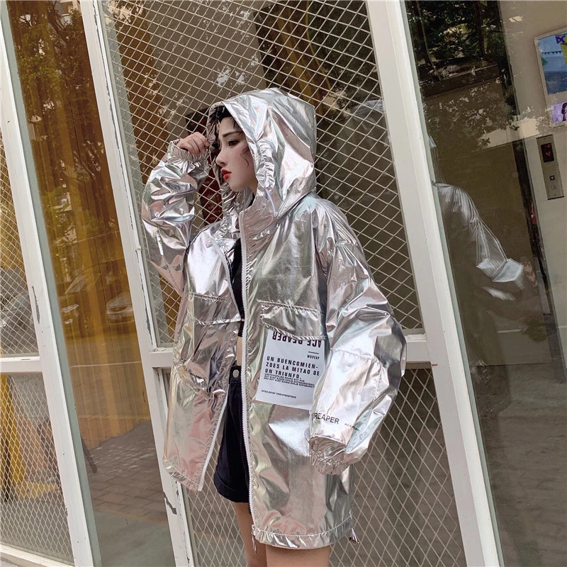 Осенняя куртка-бомбер с капюшоном Женская свободная Серебряная летняя тонкая