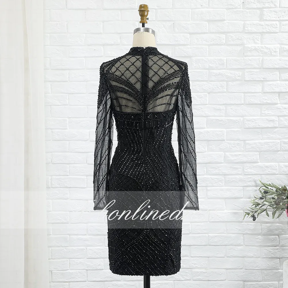 Черное коктейльное платье Bbonlinedress с длинным рукавом и высоким воротником