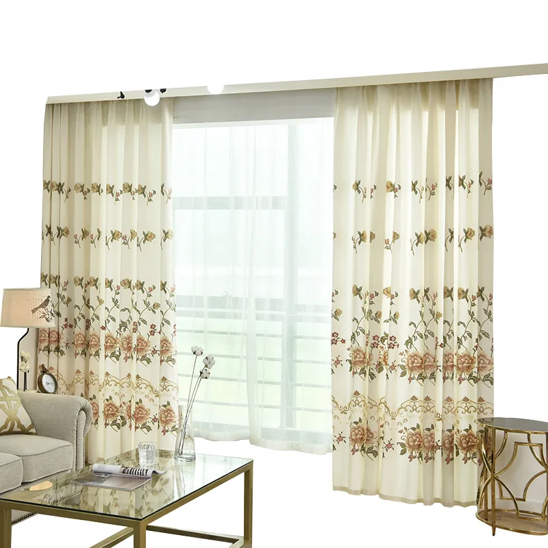 

American Country Style Flower and Bird Embroidery Semi-blackout Curtains Living Room Bedroom Study Curtain