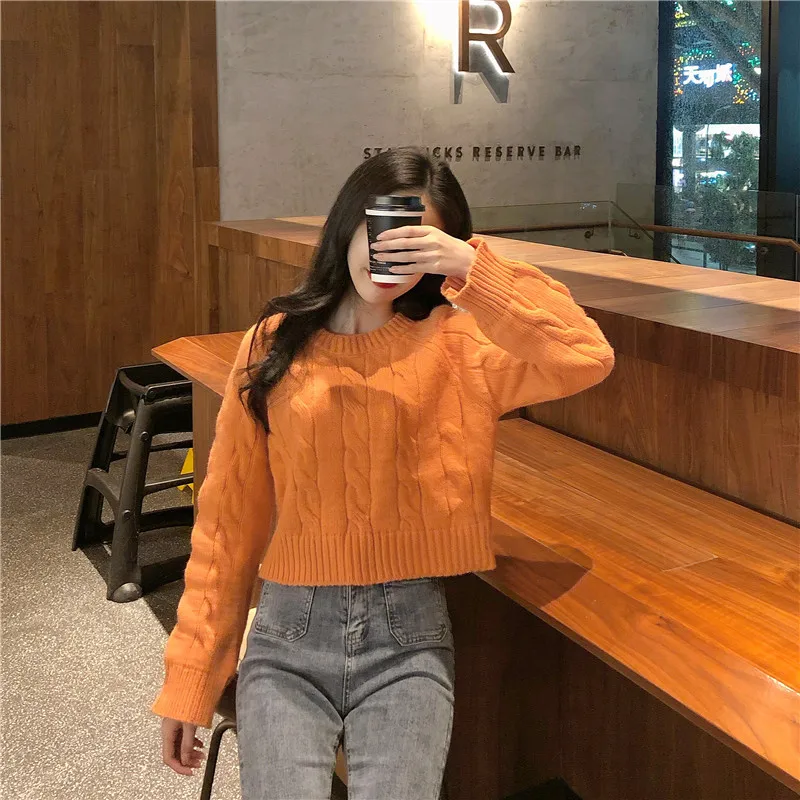 Autumn Winter New Women's Short Pullovers Sweater Twist Knitting Full Sleeve Solid Fashion Vintage Casual Tops T98506D