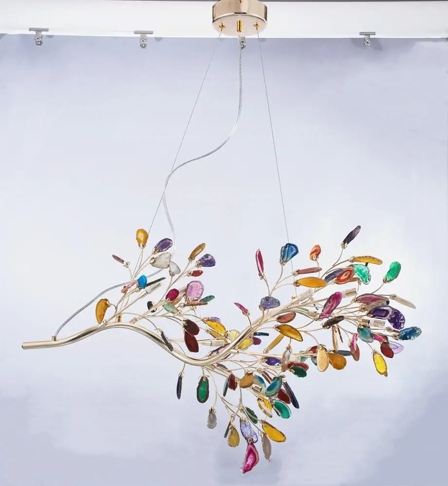 Современная люстра из натурального агата разноцветная в виде ветвей дерева
