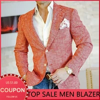 fashion men blazer slim pink notched lapel long sleeve single breasted button pocket casual coat young man spring for male colth