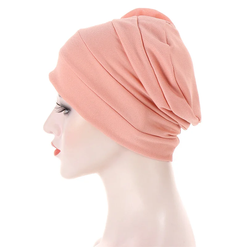 

Indian Turban Hat Double Outer Flower Muslim Solid Color Pleated Wholesale Muslim Dress Hijab Cap Hair Accessories