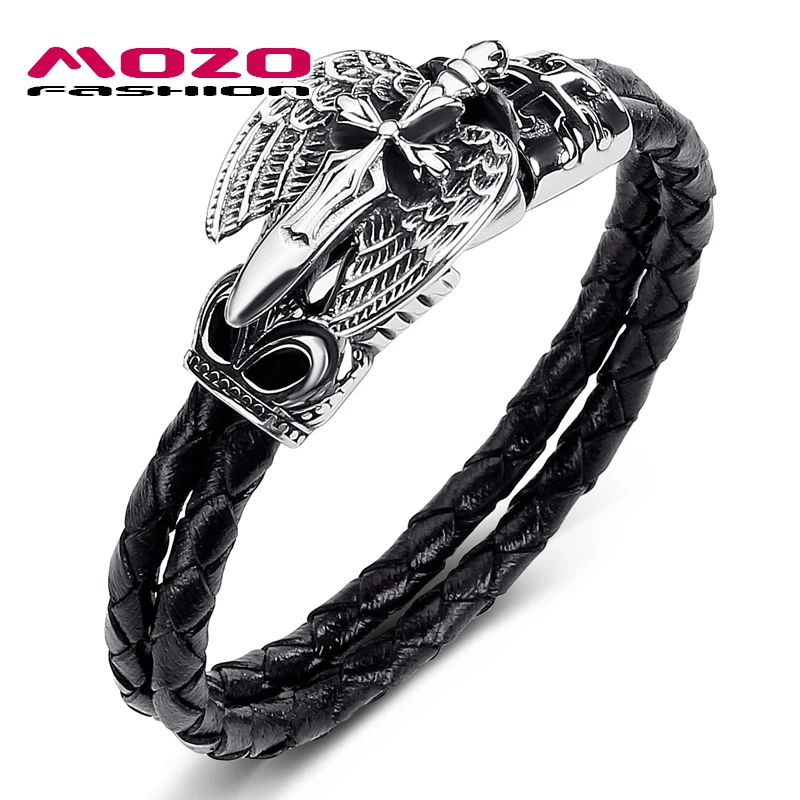 

Fashion Male Hot Jewelry Black Double Layer Leather Bracelet Stainless Steel Sword Cross Wings Punk Charm Bangle PS1014